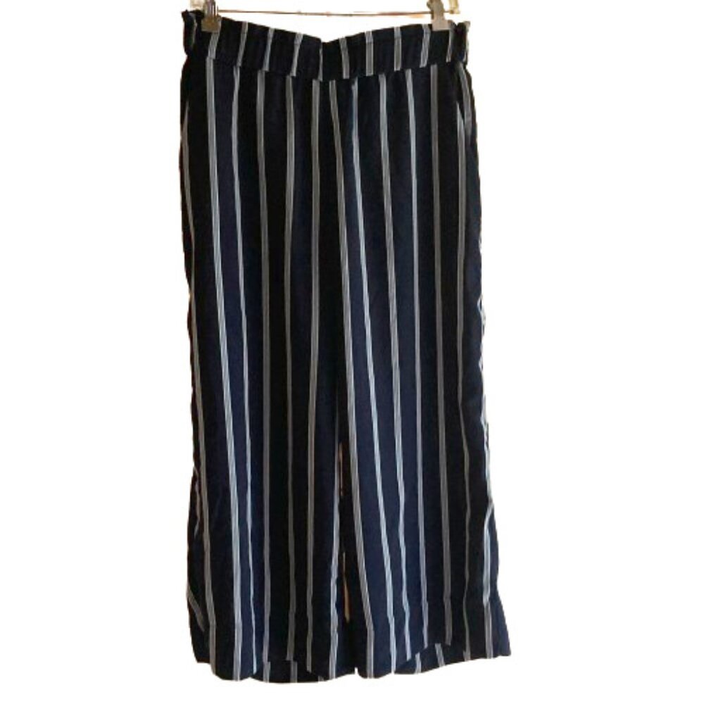 H&M Women's Cropped Wide Leg Pants, Navy and Blue Stripes, Elastic Waist, sz 10